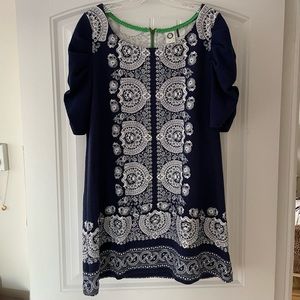 Akemi + Kin Anthropologie Navy & White Print w/ Green Trim Dress Size L